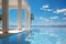 lounge area with pool and glass pavilion and a view of the summer landscape with clear blue sky