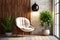 Lounge chair near wood paneling wall between potted houseplants. Mid-century home interior design of modern living room. Created