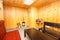 Lounge interior in wooden sauna house