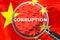 Loupe focused on the word corruption on China flag background. Corruption, financial concept in China