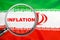 Loupe focused on the word inflation on Iran flag background. Inflation, tax, financial concept in Iran