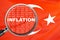 Loupe focused on the word inflation on Turkey flag background. Inflation, tax, financial concept in Turkey