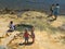 Loutra Edipsou, Evia island, Greece. September 2020: View of the beach with little girls and relaxing at the healing springs at th