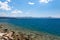 Loutraki City view from Aegean sea in Greece.