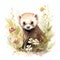 Lovable Watercolor Baby Ferret Among Petals and Ferns AI Generated