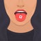 love addiction pill on tongue, woman lips ,open mouth