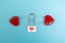 Love affection, attraction, connection. Two hearts in the form of locks on a blue background. Love ties