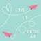 Love is in the air Lettering text. Two pink flying origami paper plane.