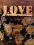 Love of art, love sign on vintage wooden and white roses background