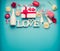 Love background. Various objects : bottle of champagne, gift box, ribbon, flowers, bow, glasses and hearts on light blue desktop