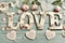 Love background with vintage style letters and roses