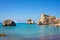 Love beach. Aphrodite`s Rock - Aphrodite`s birthplace near Paphos City. The rock of the Greek Petra tou Romiou. Cyprus island