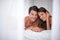 Love, bedroom curtain and portrait couple relax for morning peace, calm and bonding quality time together in Toronto