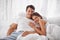 Love, bedroom portrait and couple relax for morning peace, calm and bonding quality time together in Toronto Canada