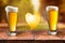 Love beer. Beer in glass with heart splash on wooden table again