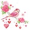 Love bird sitting on a rose branch with hearts. Vector illustration isolated on white background.