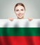 Love Bulgary concept. Happy woman and Bulgarian flag