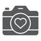 Love camera glyph icon, photography and valentine, photo camera with heart sign, vector graphics, a solid pattern on a