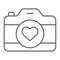 Love camera thin line icon, photography and valentine, photo camera with heart sign, vector graphics, a linear pattern