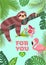 Love card. Flamingo and sloth with a bouquet. Tropical vector illustration.