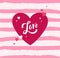 Love card with handwritten lettering in big red heart with small hearts around on pink striped background