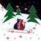 Love cats sledge ride through the snowy hillside