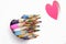 Love Concept. Color Pencils, Two Love Heart, White Background