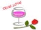 Love concept with love word in wine glass and rose background