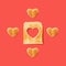 Love concept made of one slice of toasted bread with a four heart shaped around it. Flat lay arrangement with living corald red