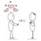 Love confession and declaration of love. Two stick people, lovely couple. Red striped hearts. Black and white red colored drawing