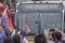 Love Conquers Hate gay pride parade bus in Portland, Oregon.