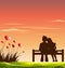 Love couple on bench with polygonal heart shaped of wildflowers. Valentine day concept