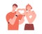 Love couple with heart-shaped hand gesture. Happy man and woman portrait. Two valentines, romantic partners together