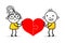 Love couple holding puzzle hearts. Hand drawn doodle figure. Valentine concept with funny stickman.