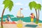 Love couple at summer sea, vector illustration. Happy man woman people character at holiday, vacation at tropical beach