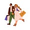 Love couple walking, carrying shopping bags after fashion clothes sale. Happy man and woman, wife and husband shoppers
