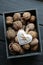 Love creative background. Heart and walnuts.