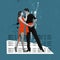 Love, dating, dancing, hobby. Contemporary art collage. Dancing couple in retro 70s, 80s styled clothes isolated over