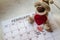 Love day - Paper red hearts marking 14 february Valentines day on white calendar with soft toy puppy covering his eyes