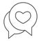 Love dialogue bubble thin line icon. Romantic messages with heart shape symbol, outline style pictogram on white