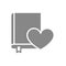 Love diary gray icon. Heart with book, love stories, like, feedback symbol