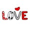 Love. Doodle handwritten text. Funny letters with red heart on white background.