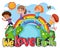We love earth typography logo with happy children walking on earth