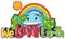 We love earth typography logo with smile earth and rainbow