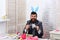 Love easter. Egg hunt on spring holiday. Happy easter. Bearded man hipster paint easter eggs. Rabbit man with bunny ears