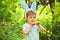 Love easter. Family holiday. Egg hunt on spring holiday. Happy easter. Childhood. Little boy child in green forest