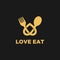 Love eat, Fork and knife with heart shape lovely food logo template design vector