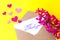 Love envelope and letter with written words thank you and pink hyacinth flowers with pink hearts