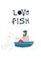 Love fish - Bearded man fisherman sitting in a boat and fishing with fishing rods. Vector illustration