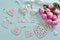 Love flat lay with many various heart decors and bouquet of roses